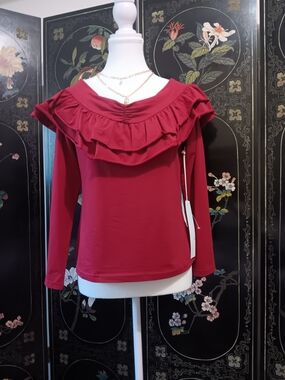Lumiere Ruffled Off-Shoulder Long Sleeve Top - Red